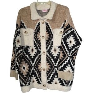 Aztec Geometric Button Up Cardigan Sweater Tan Black Womens M Southwestern BOHO